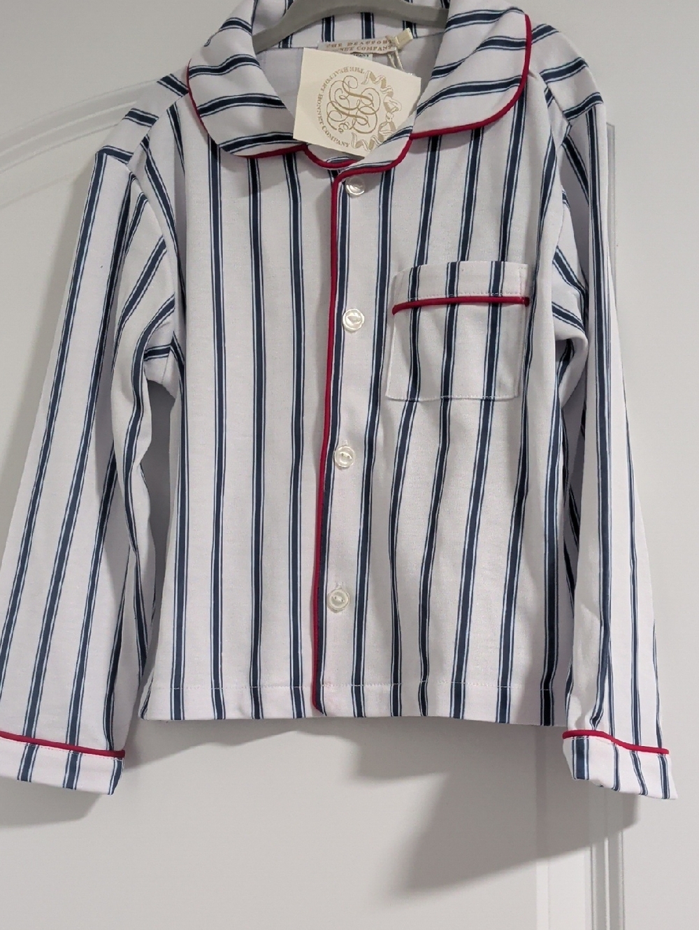 The Beaufort Bonnet Company White Pajama Top with Navy Stripes and Red Trim
